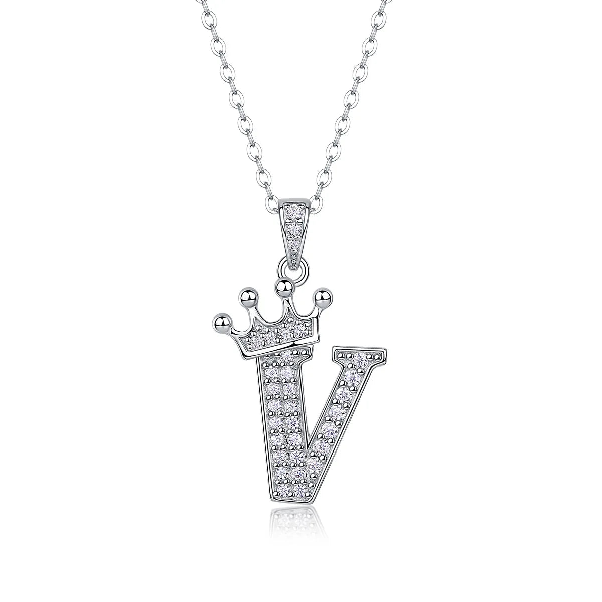 Moissanite crown initial necklace letter V fully pavé-set 925 sterling silver rhodium plated - Sensitive Stones