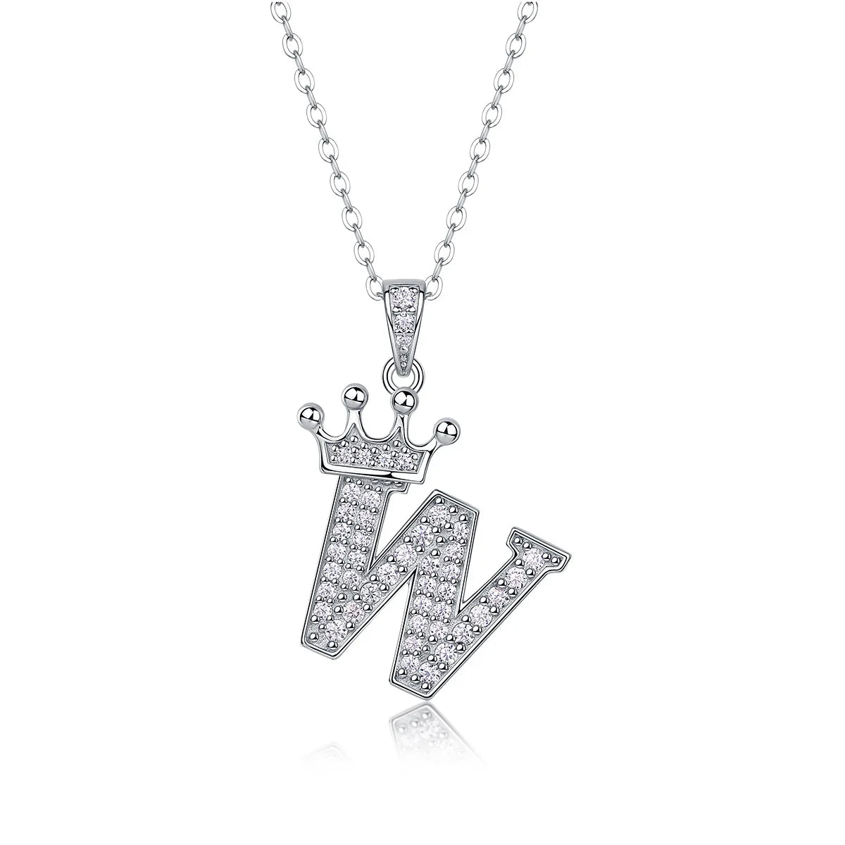 Moissanite crown initial necklace letter W fully pavé-set 925 sterling silver rhodium plated - Sensitive Stones