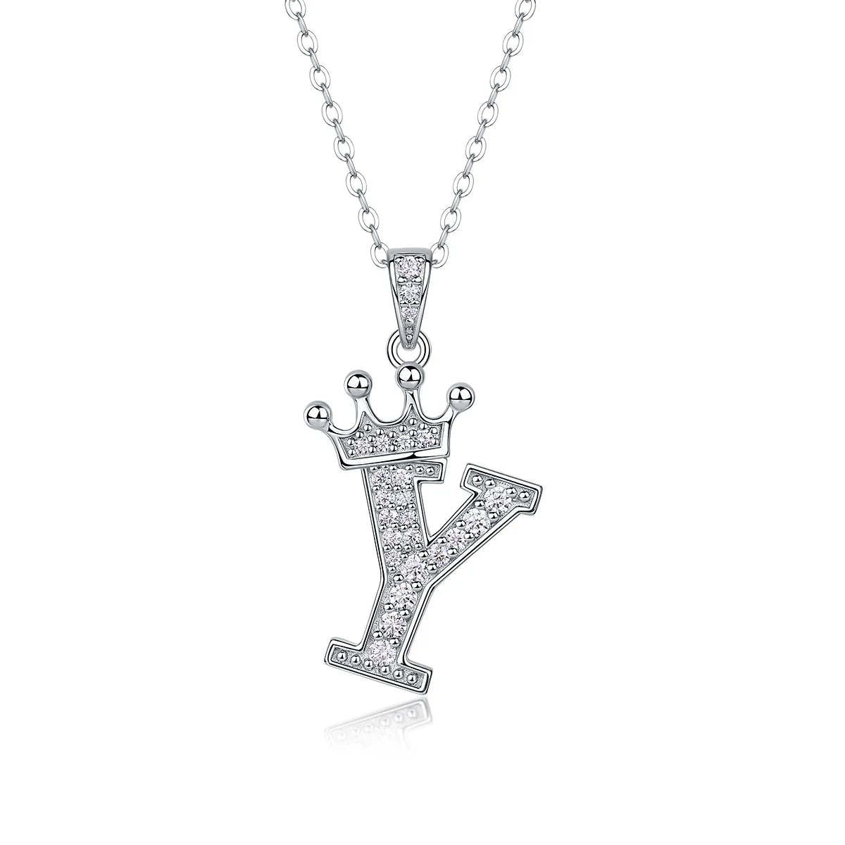 Moissanite crown initial necklace letter Y fully pavé-set 925 sterling silver rhodium plated - Sensitive Stones