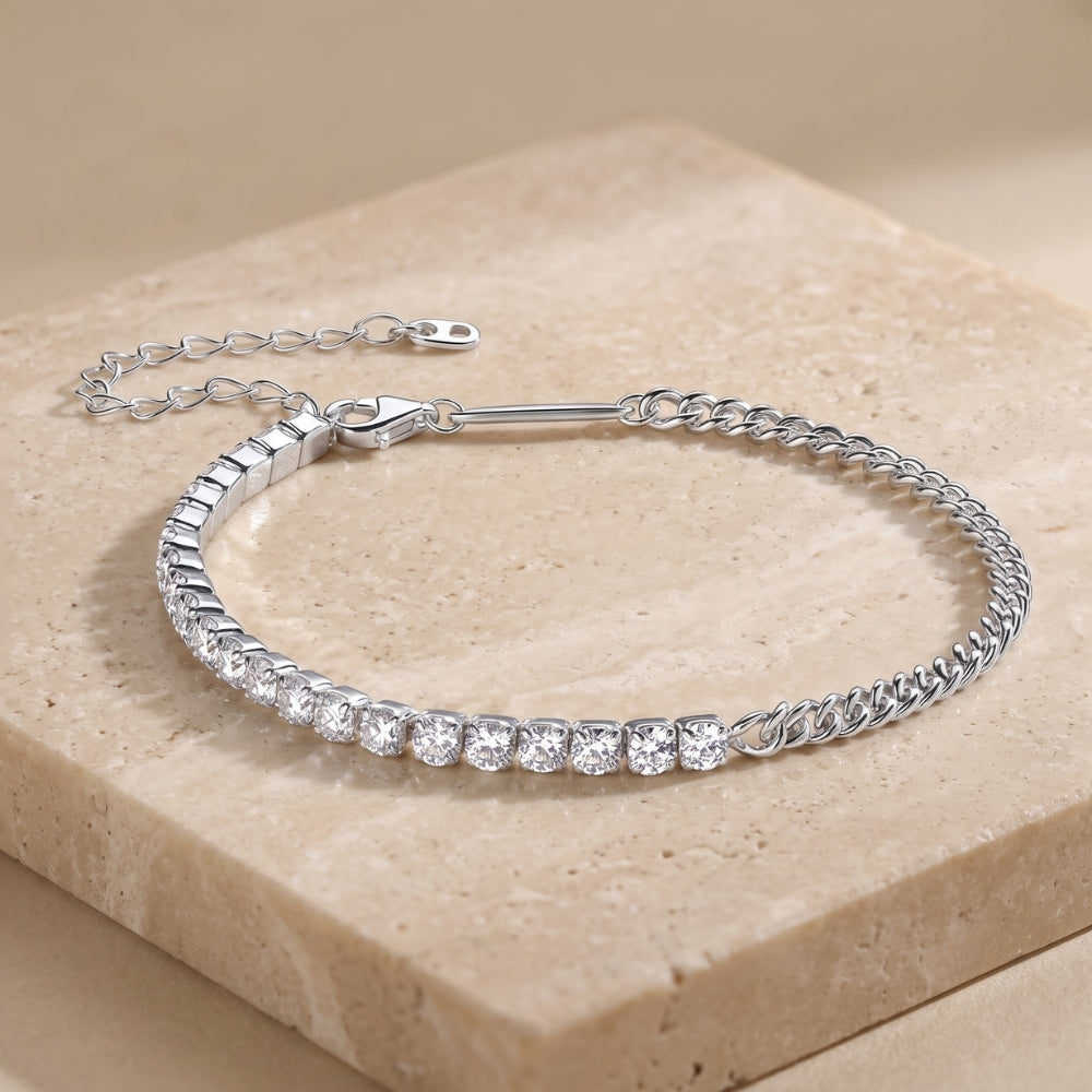 White gold moissanite half tennis bracelet with Cuban link chain and lobster clasp in 925 sterling silver - Sensitive Stones