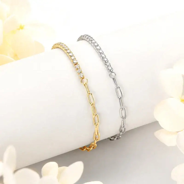 Yellow gold and white gold plated moissanite half tennis bracelets with paperclip and Cuban chain variations – Sensitive Stones