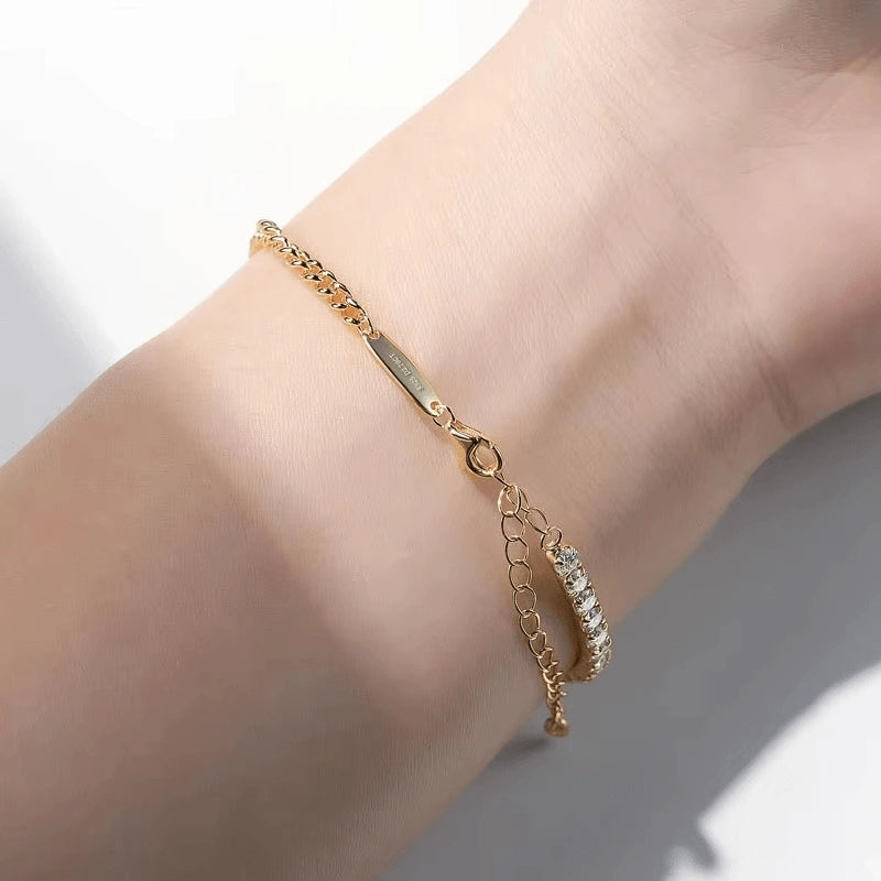 Yellow gold plated sterling silver moissanite half tennis bracelet on wrist showing clasp details  – Sensitive Stones