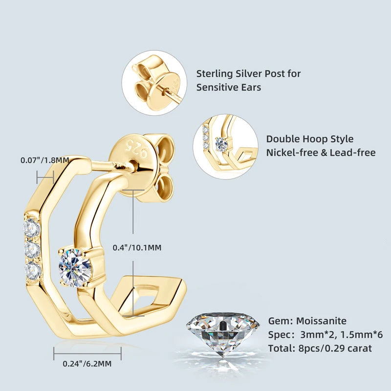 Moissanite double band cuff earrings specifications 0.29ct total, nickel-free, lead-free, sensitive-friendly sterling silver posts - Sensitive Stones