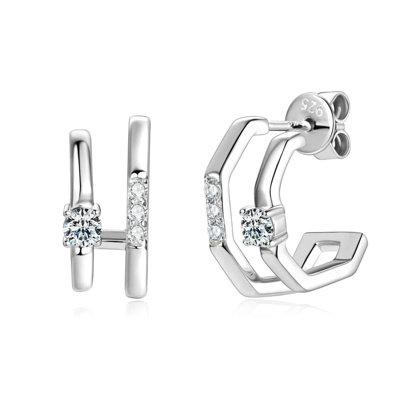 Sterling silver moissanite double band cuff earrings with white gold plating and D VVS1 stones - Sensitive Stones