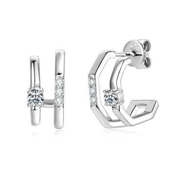 Sterling silver moissanite double band cuff earrings with white gold plating and D VVS1 stones - Sensitive Stones