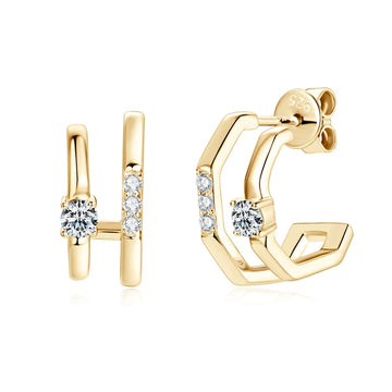 Sterling silver moissanite double band cuff earrings with yellow gold plating and D VVS1 stones - Sensitive Stones