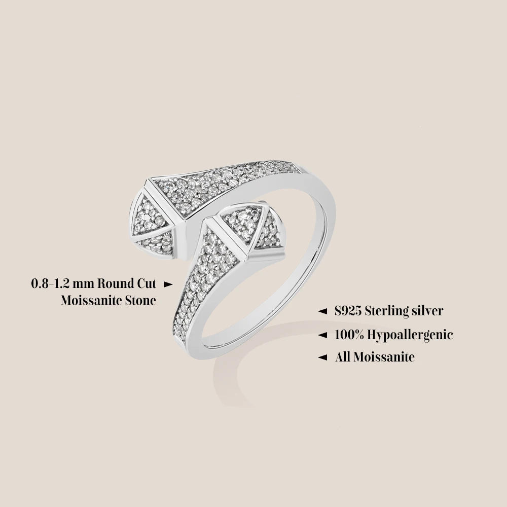 Moissanite Double Snake Head Ring infographic with sterling silver, hypoallergenic, all moissanite features, and reference to 0.8–1.2 mm round cut moissanite stones - Sensitive Stones