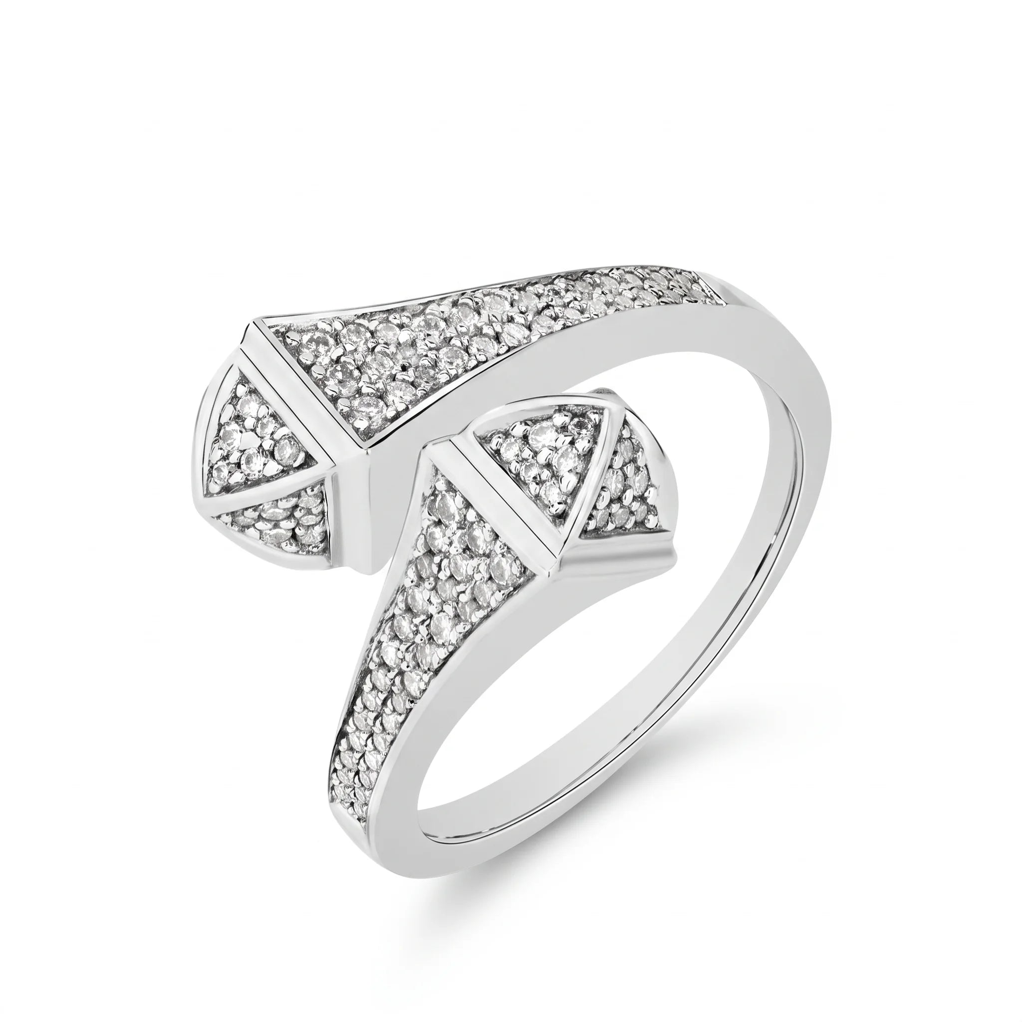 Double snake head moissanite ring in 925 sterling silver with a white gold finish, two faceted pavé snake heads crossing on an open bypass band, on a white background - Sensitive Stones