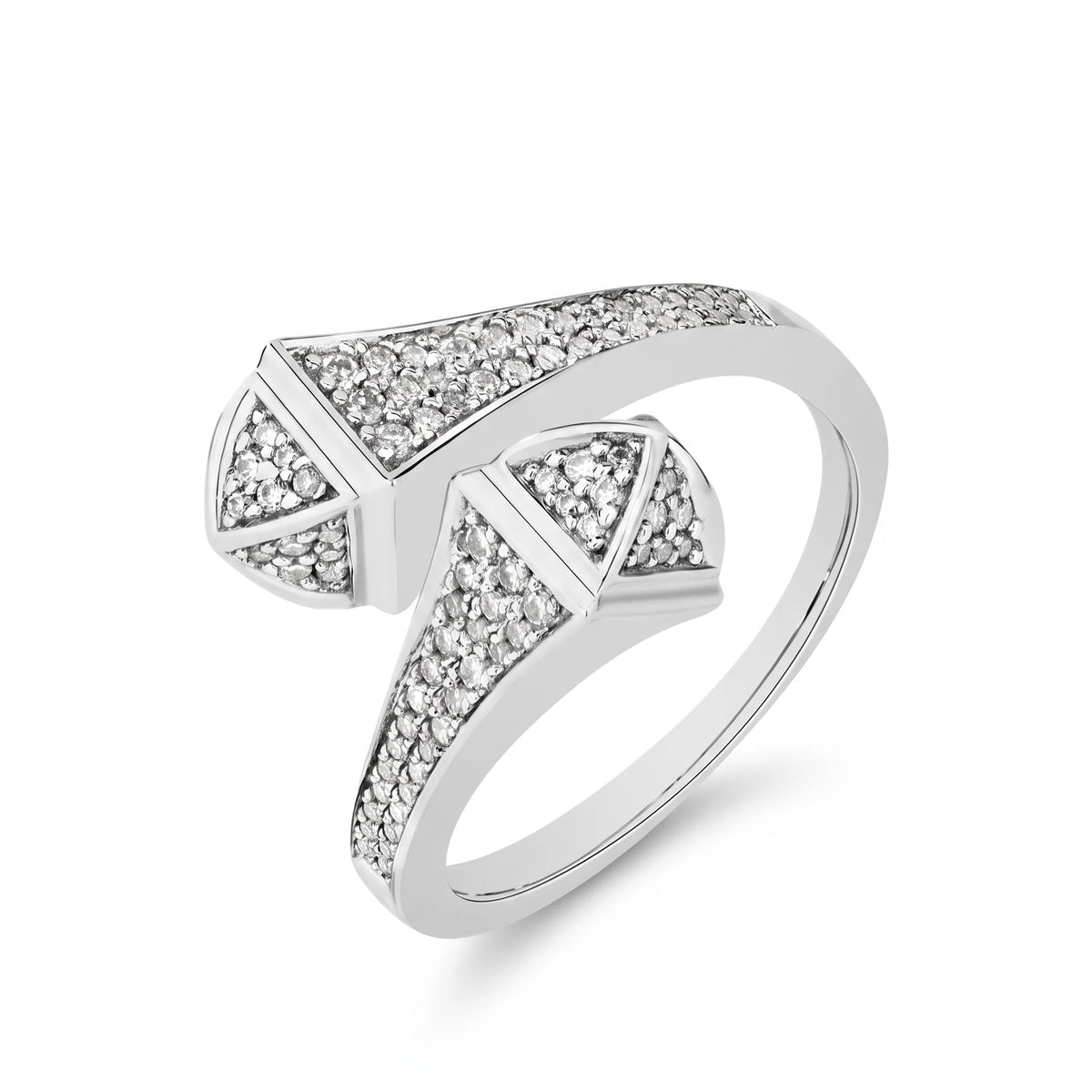 Double snake head moissanite ring in 925 sterling silver with a white gold finish, two faceted pavé snake heads crossing on an open bypass band, on a white background - Sensitive Stones