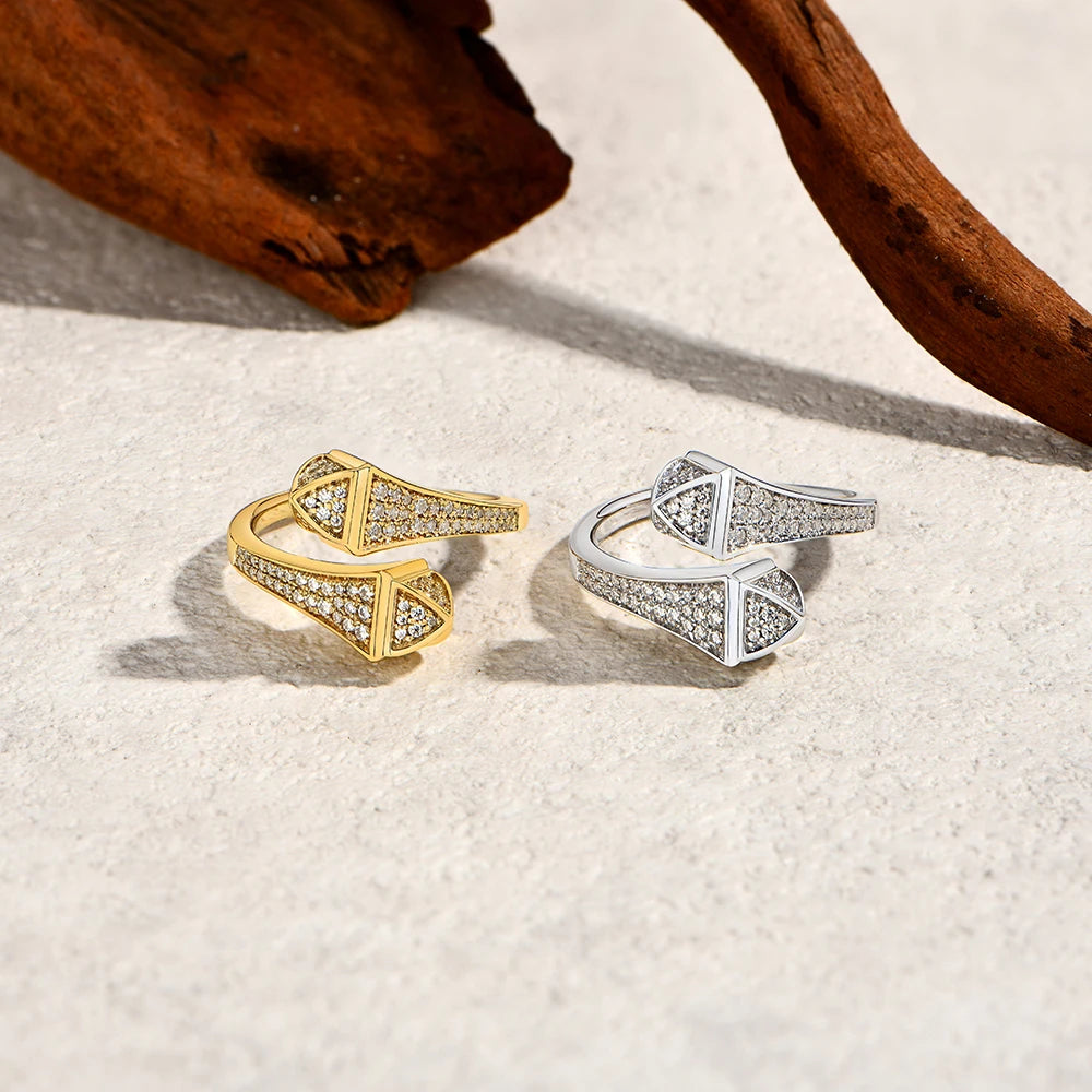 Moissanite Double Snake Head Ring in both 18K Yellow and White Gold Plating, side by side - Sensitive Stones