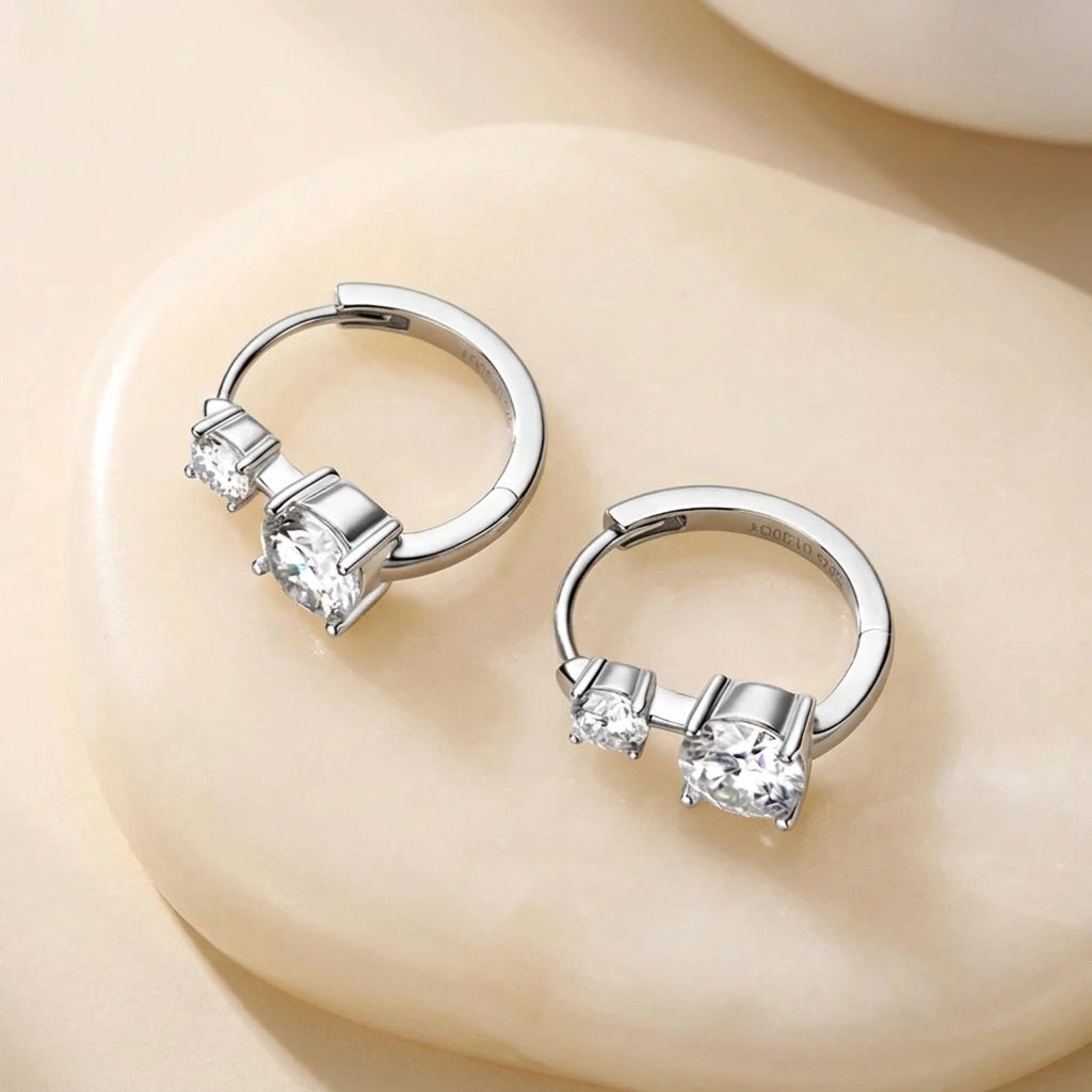 Two stone moissanite huggie hoop earrings pair in 925 sterling silver white gold - Sensitive Stones