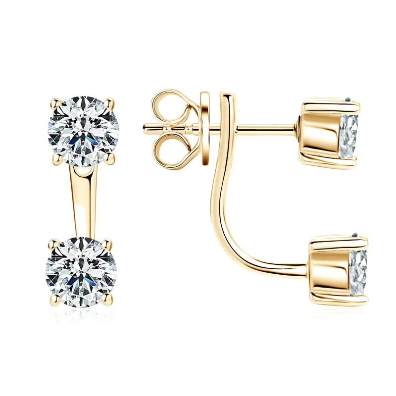 Moissanite double stud jacket earrings in yellow gold plating and 925 sterling silver base with front-back design, high-fashion jewelry - Sensitive Stones
