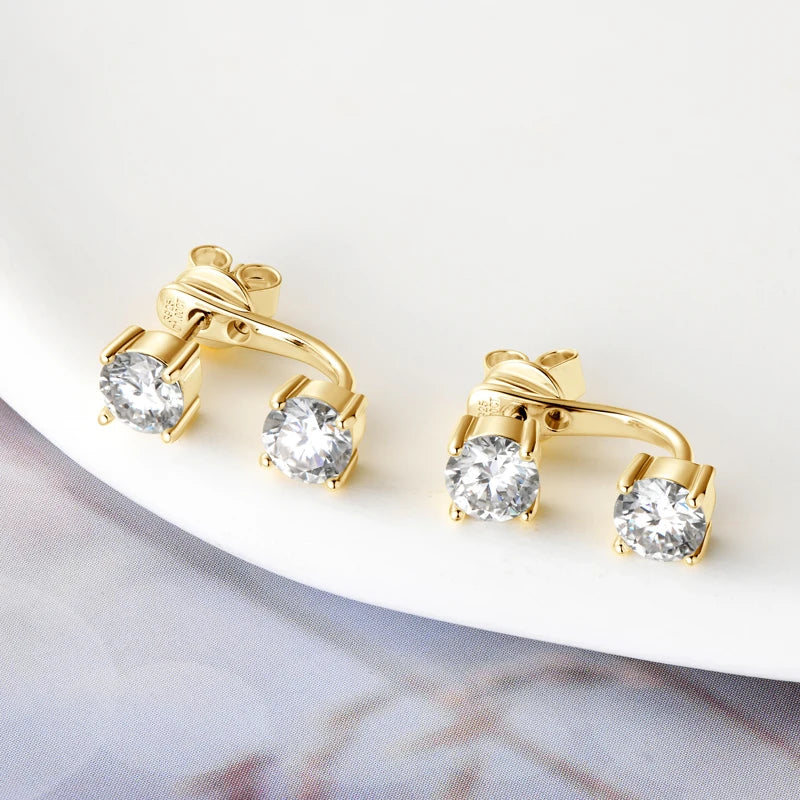 Product detail of moissanite double stud jacket earrings in gold, prong setting and butterfly back - Sensitive Stones