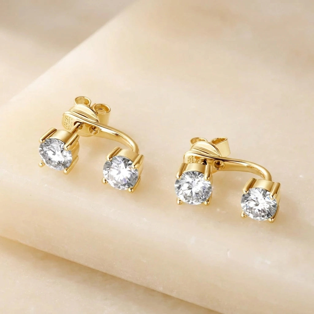 Product detail of moissanite double stud jacket earrings in gold, prong setting and butterfly back - Sensitive Stones