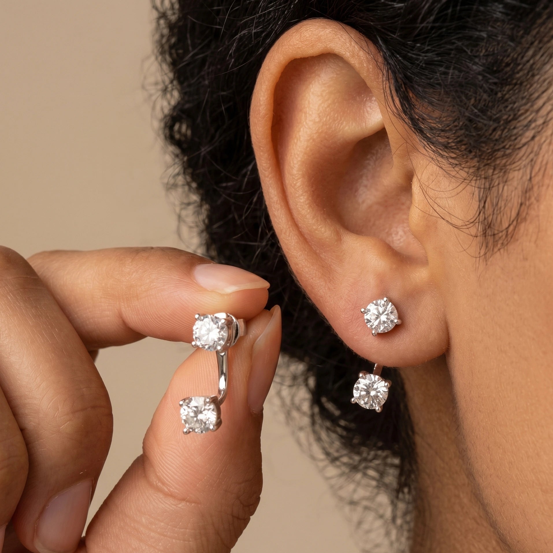 Moissanite double stud jacket earrings worn on ear showing stud only and full jacket styling options in 925 sterling silver - Sensitive Stones