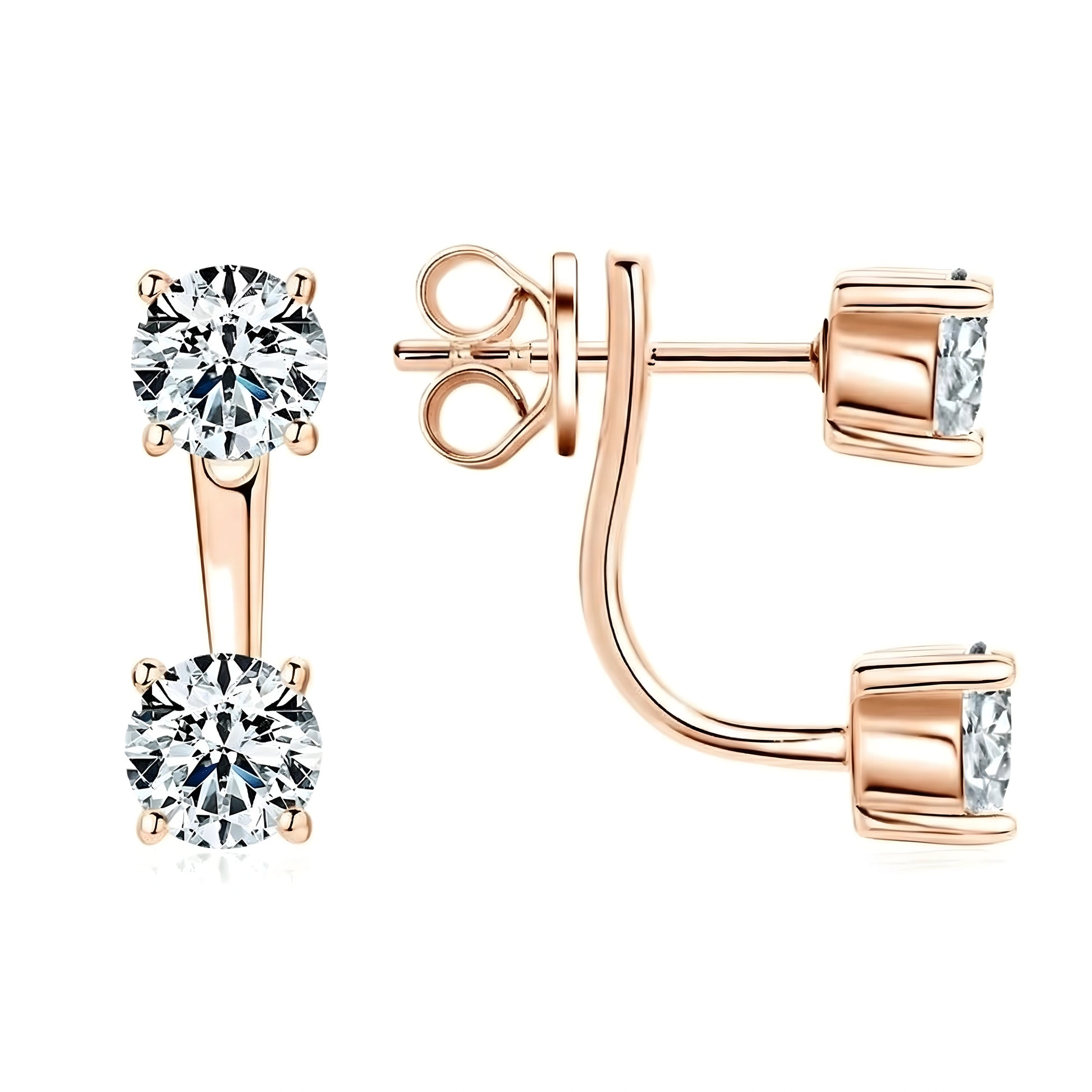 Moissanite double stud jacket earrings in rose gold plating and 925 sterling silver base with convertible 2-in-1 design - Sensitive Stones
