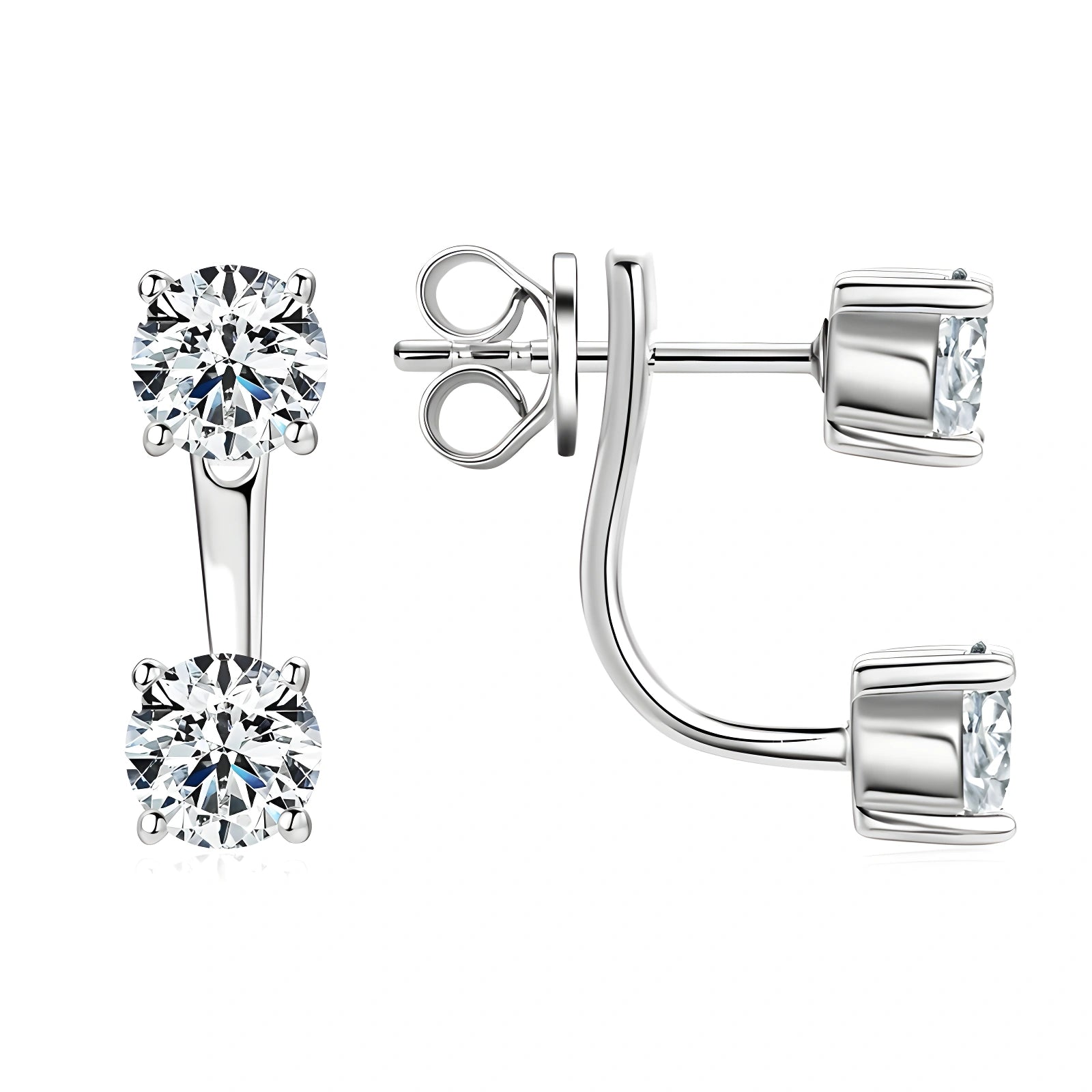 Moissanite double stud jacket earrings in white gold plating and 925 sterling silver base with convertible 2-in-1 design - Sensitive Stones