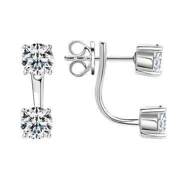 Moissanite double stud jacket earrings in white gold finish and 925 sterling silver base with convertible 2-in-1 design - Sensitive Stones