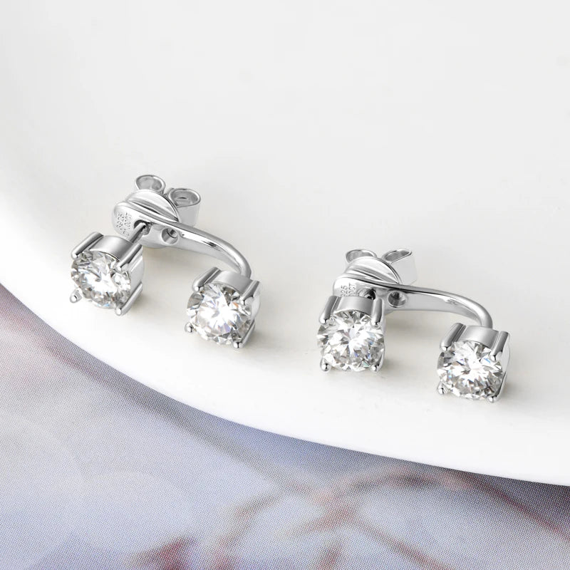 Product detail of moissanite double stud jacket earrings in gold, prong setting and butterfly back - Sensitive Stones