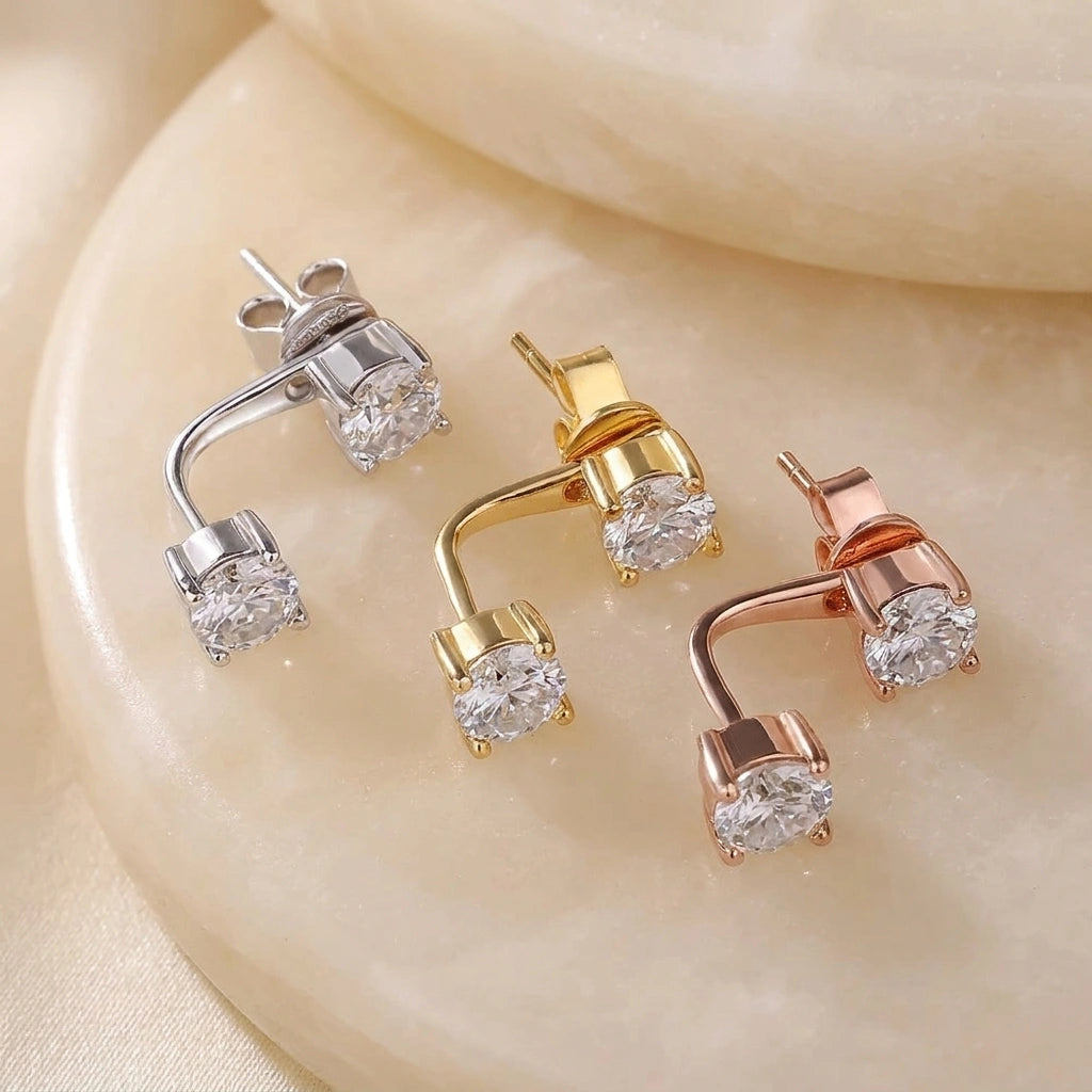 Moissanite double stud jacket earrings in white gold, yellow gold, and rose gold finishes, prong setting and butterfly back - Sensitive Stones