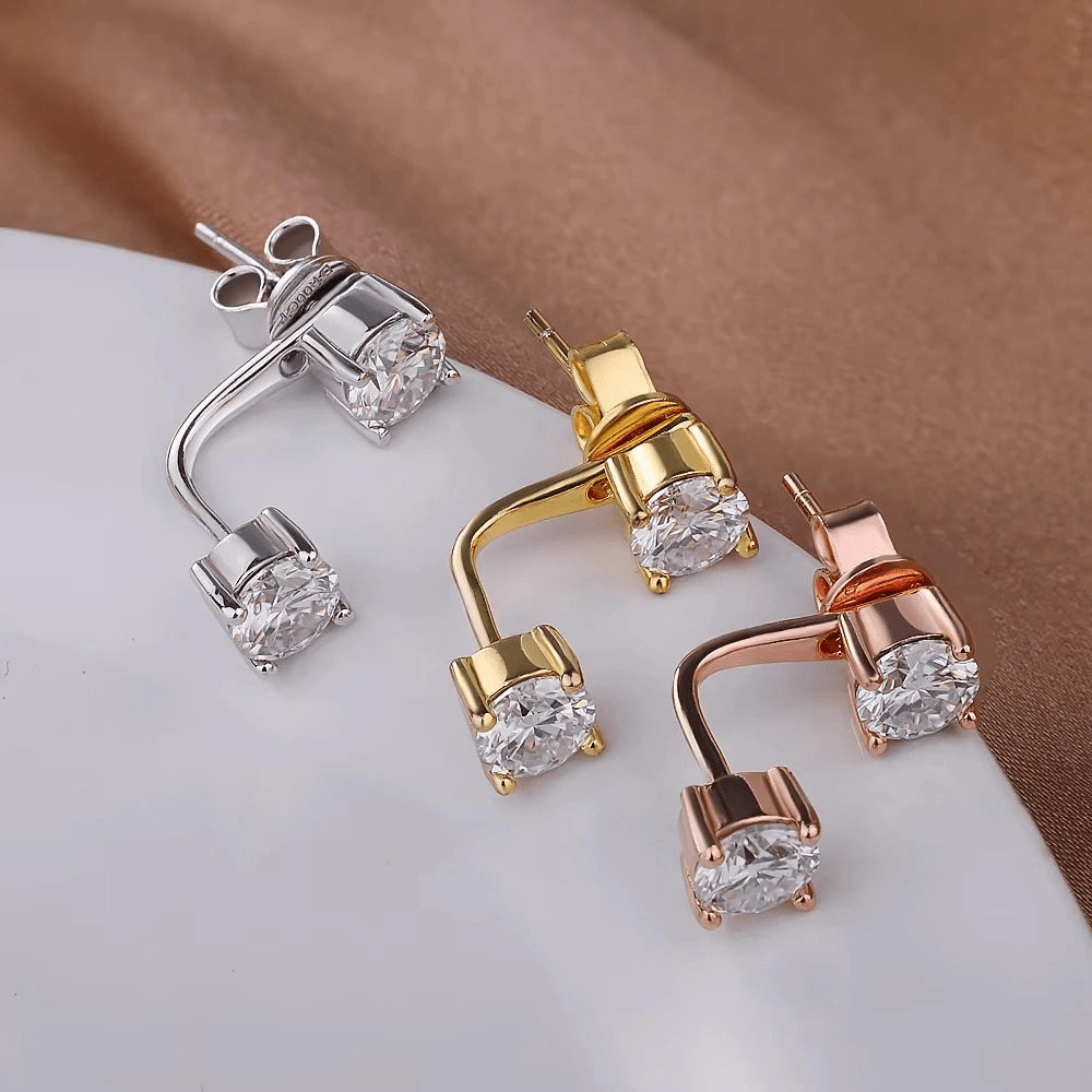 Moissanite double stud jacket earrings in white gold, yellow gold, and rose gold finishes, prong setting and butterfly back - Sensitive Stones