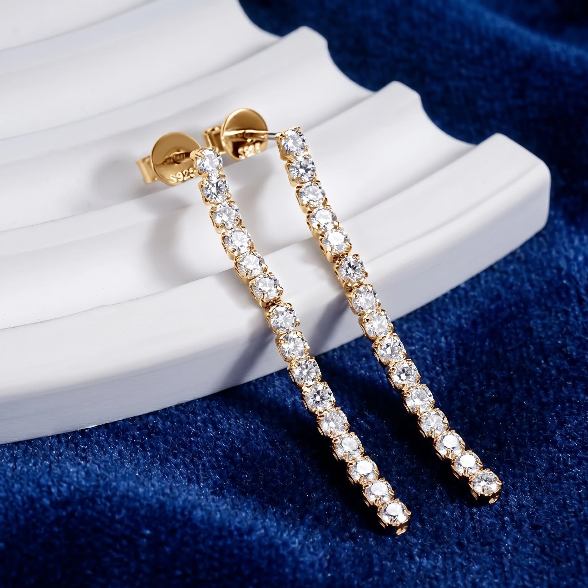 Moissanite drop dangle earrings, 925 sterling silver plated with 18k gold and 30 brilliant D color moissanite stones - Sensitive Stones