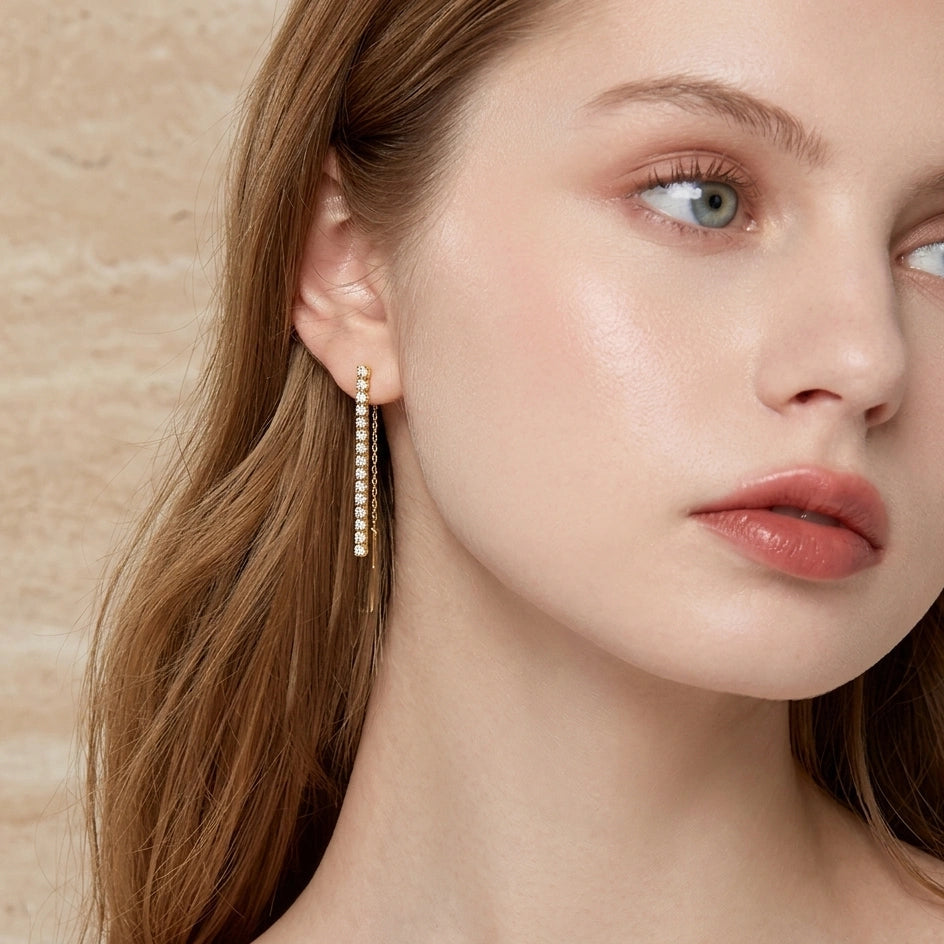 Moissanite drop dangle earrings in 925 sterling silver worn on model, elegant long line style with 0.9ct D color moissanite - Sensitive Stones