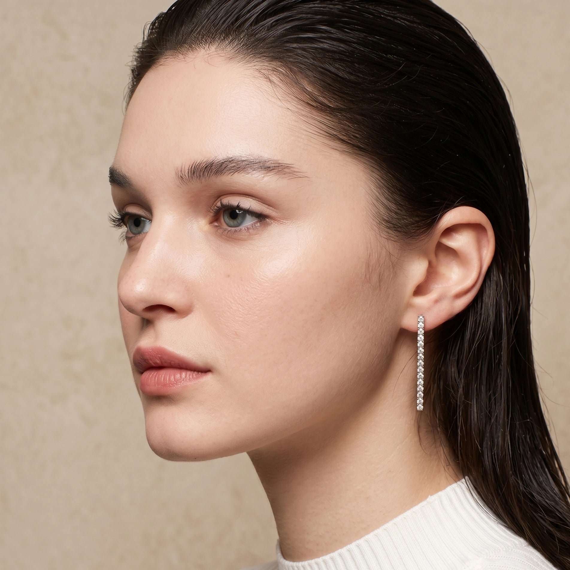 Moissanite drop dangle earrings in 925 sterling silver worn on model, elegant long line style with 0.9ct D color moissanite - Sensitive Stones
