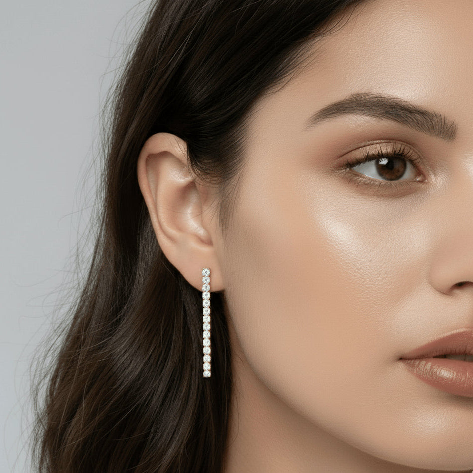 Moissanite drop dangle earrings in 925 sterling silver worn on model, elegant long line style with 3.6ct D color moissanite - Sensitive Stones