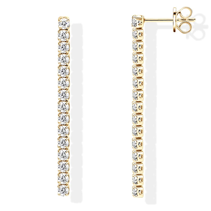 Gold moissanite drop dangle earrings, front and back view, 30 round stones, 18K gold plating, hypoallergenic - Sensitive Stones