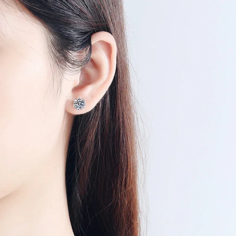 Moissanite snowflake stud earring worn on ear – D color VVS1 clarity - Sensitive Stones