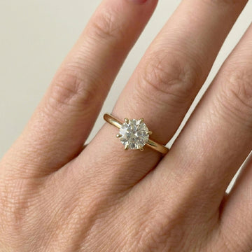 14K gold filled moissanite solitaire engagement ring worn on finger showing 6-prong setting and stone brilliance - Sensitive Stones