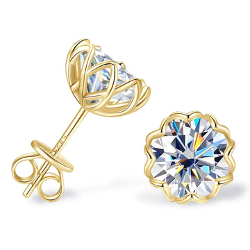 925 sterling silver moissanite flower petal stud earring with 14K gold plating showing side profile and front view, D color VVS1 - Sensitive Stones