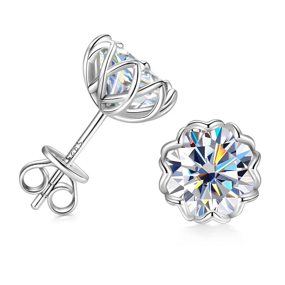 925 sterling silver moissanite flower petal stud earring showing side profile and front view, D color VVS1 - Sensitive Stones