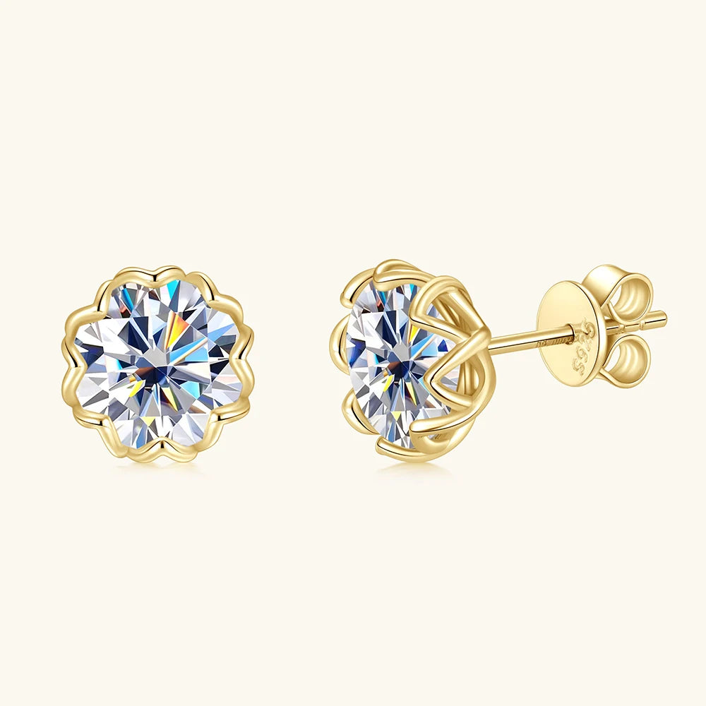 Pair of 14K gold plated moissanite flower petal stud earrings with butterfly backs, 925 sterling silver D color VVS1 - Sensitive Stones
