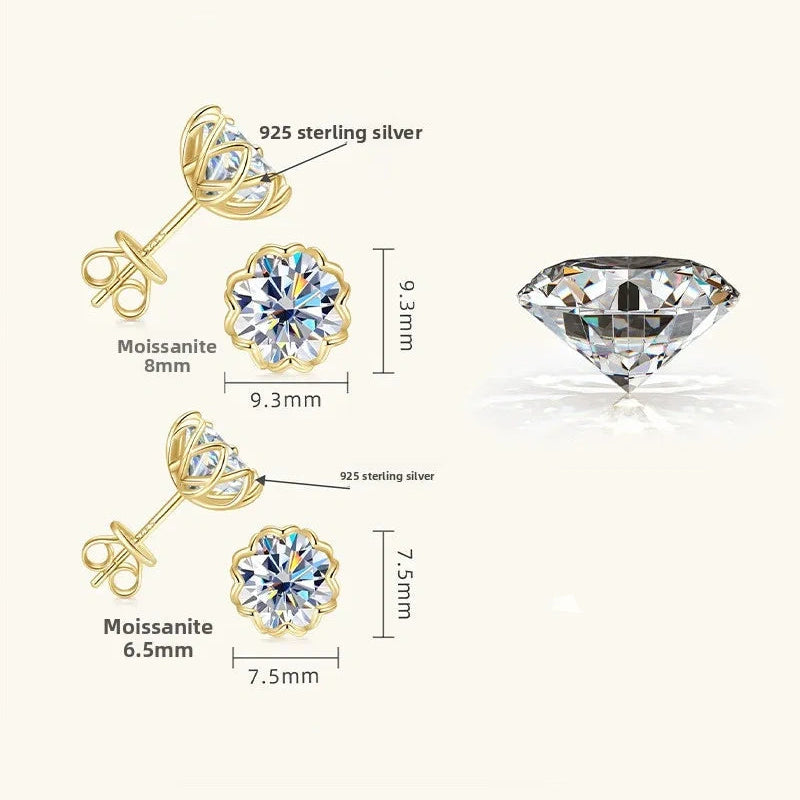 Moissanite flower petal stud earrings size guide showing 6.5mm and 8mm center stone options in 925 sterling silver, D color VVS1 - Sensitive Stones