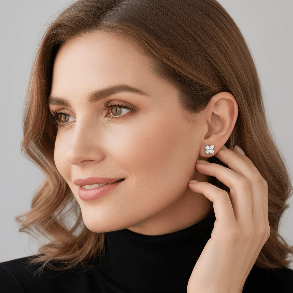 Four leaf clover moissanite stud earrings in 925 sterling silver worn on model with D color VVS1 moissanite– Sensitive Stones