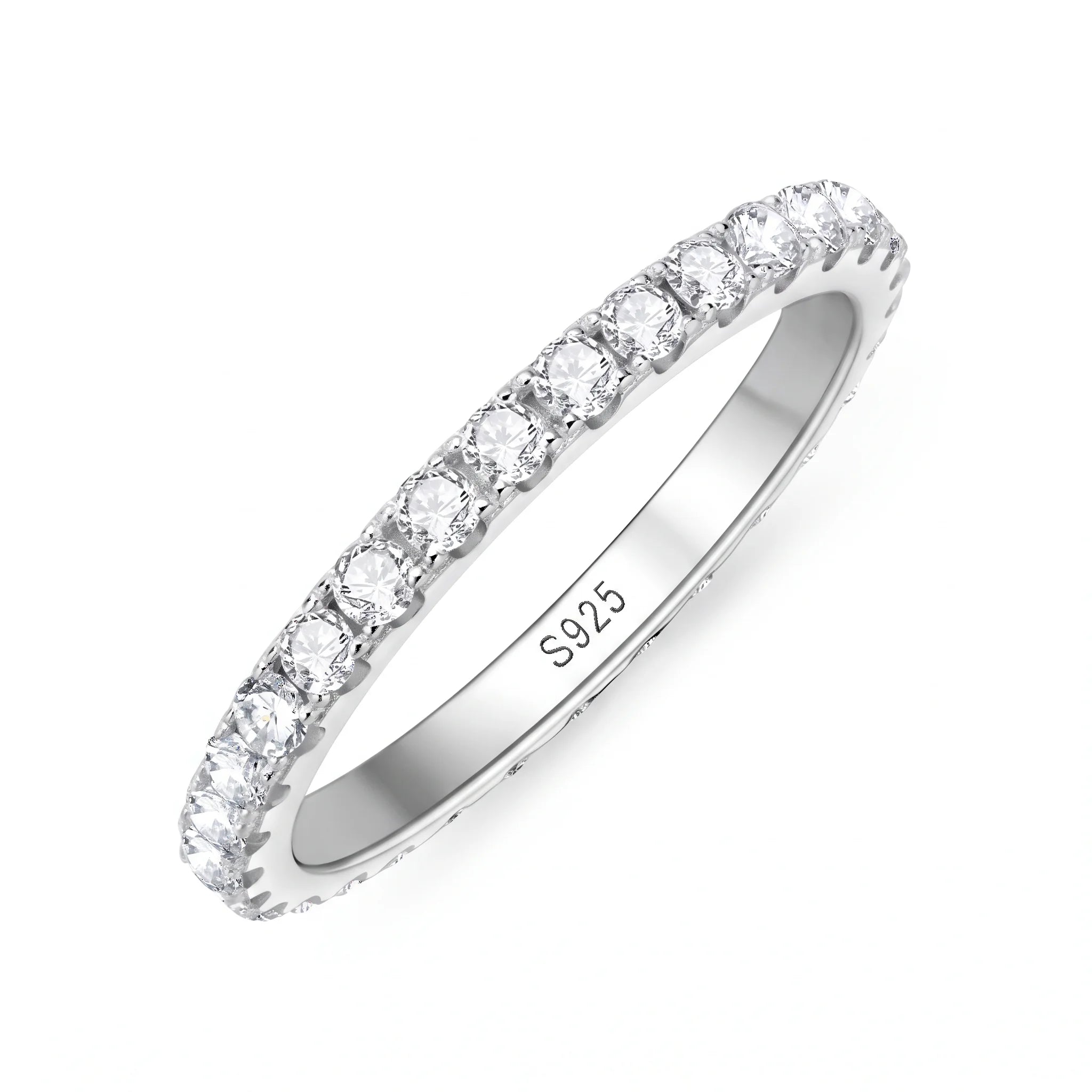 Moissanite full eternity ring in 925 sterling silver with a white gold finish showing VVS1 round stones in prong settings all around - Sensitive Stones