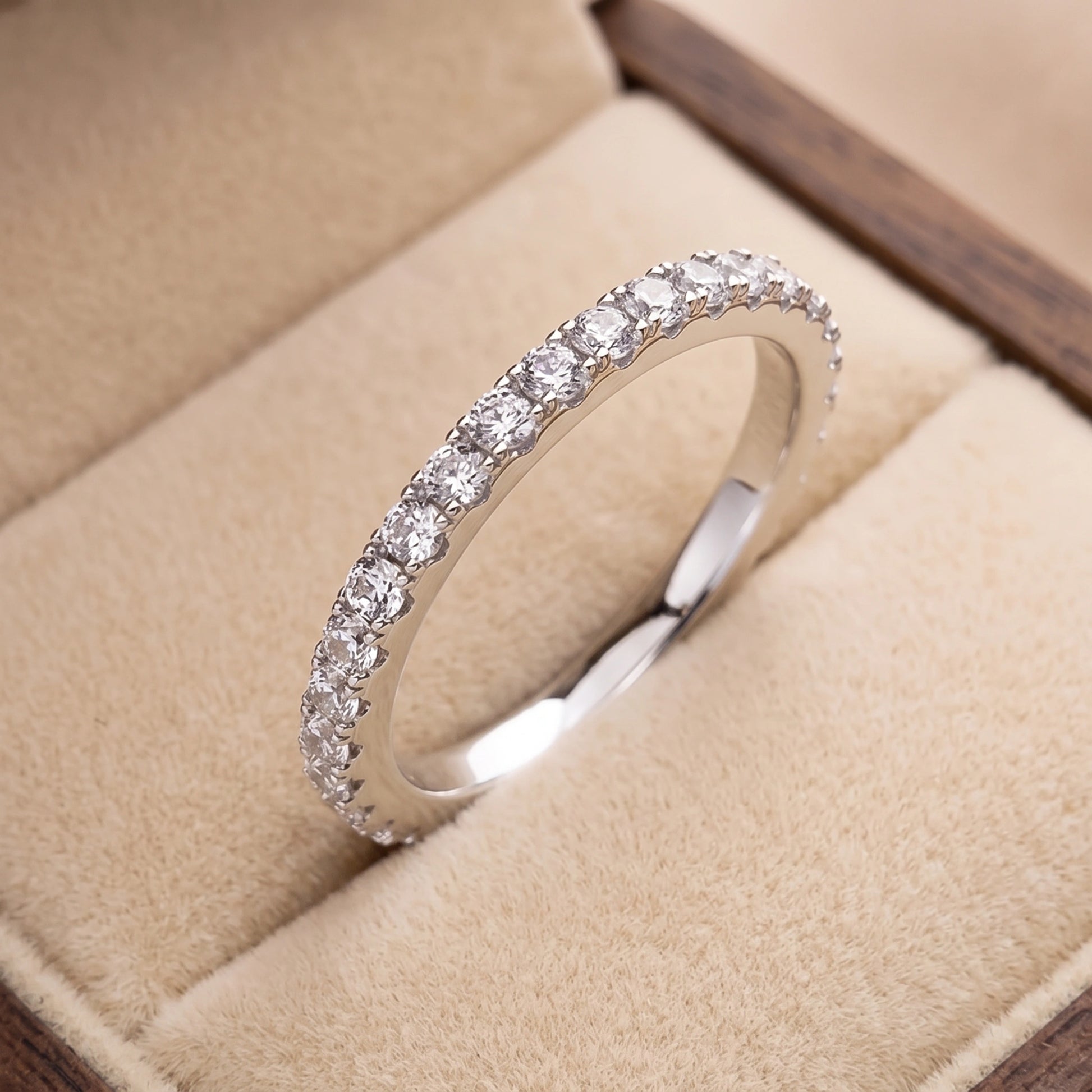 925 silver moissanite full eternity ring displayed in jewelry box - Sensitive Stones