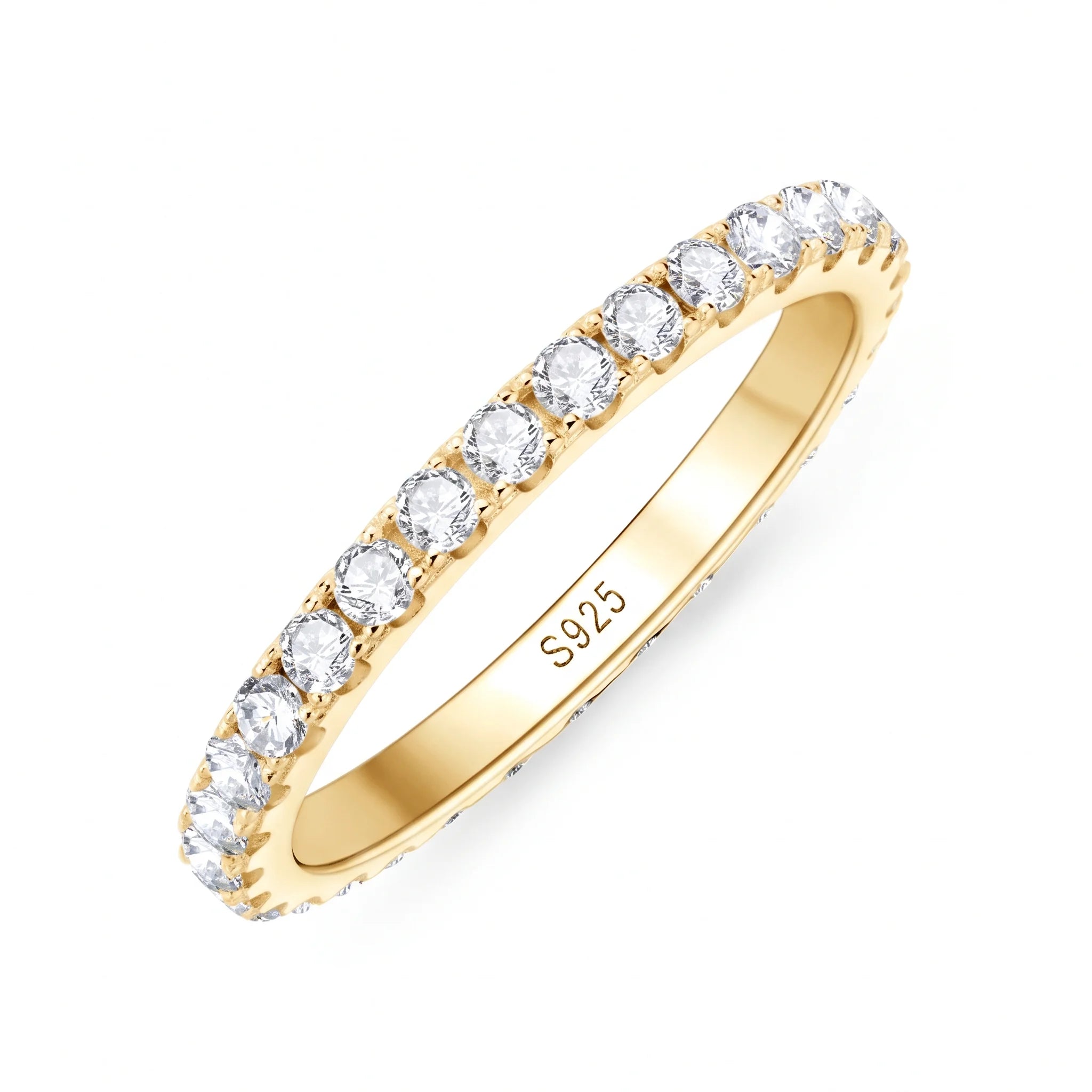 Moissanite full eternity ring in 925 sterling silver with a yellow gold finish showing VVS1 round stones in prong settings all around - Sensitive Stones