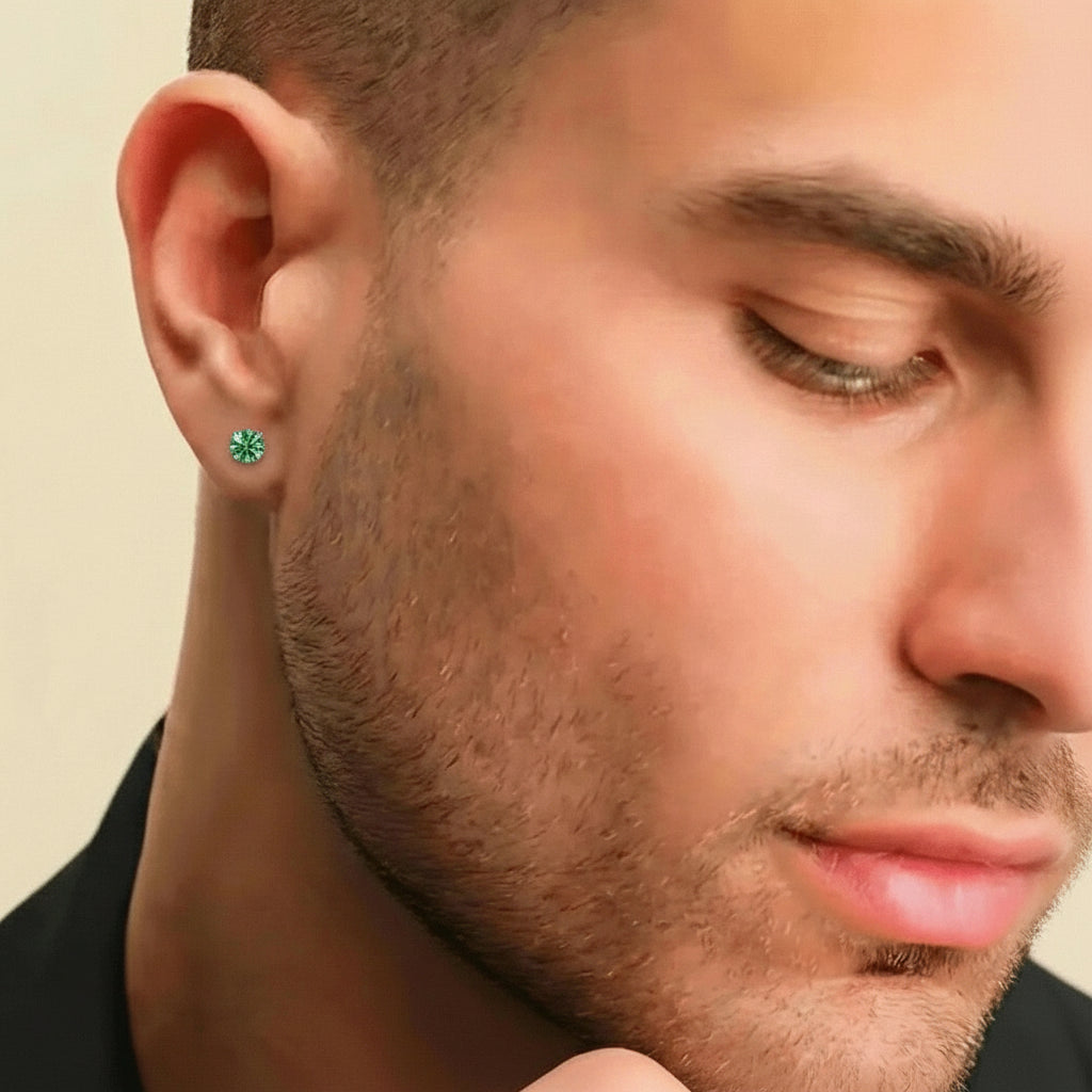 Man wearing green moissanite stud earrings, round cut, 925 sterling silver with 18K gold plating | Sensitive Stones