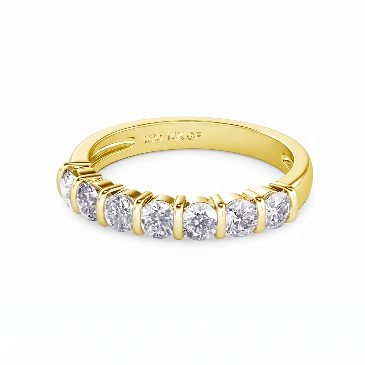 14K gold filled moissanite half eternity ring in yellow gold, 3mm bar-set round stones with 1/20 14K GF stamp inside the band - Sensitive Stones