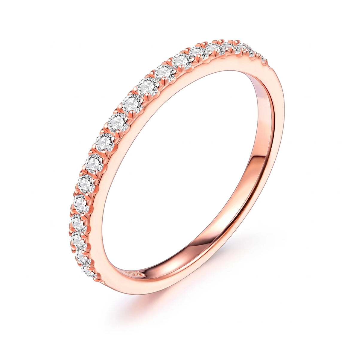 Moissanite half eternity ring in 925 sterling silver with a rose gold finish on a white background - Sensitive Stones