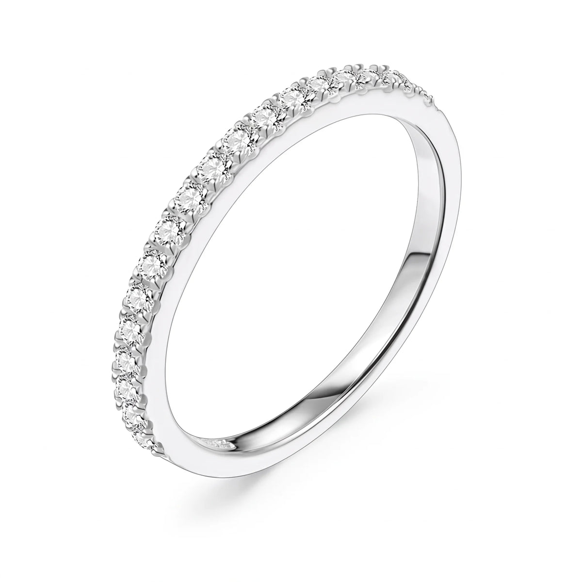 Moissanite half eternity ring in 925 sterling silver with a white gold finish on a white background - Sensitive Stones