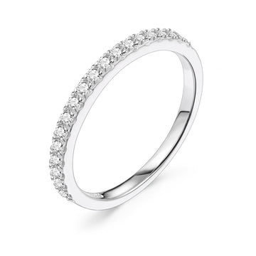 Moissanite half eternity ring in 925 sterling silver with a white gold finish on a white background - Sensitive Stones