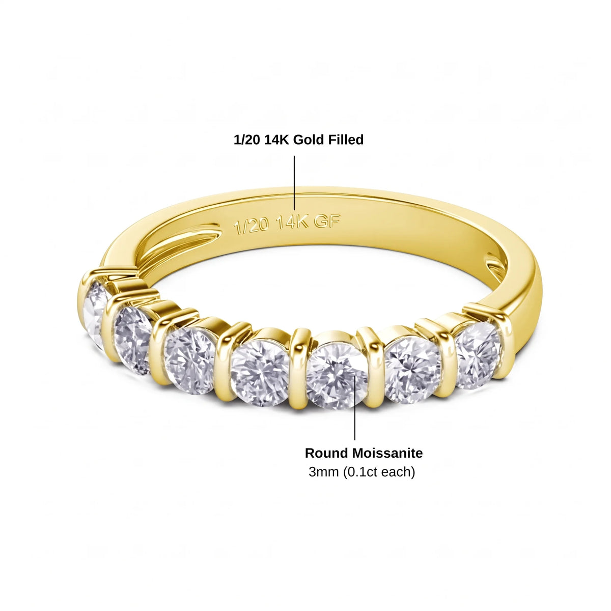 14K gold filled moissanite half eternity ring specifications in yellow gold, seven 3mm round moissanite and 1/20 14K GF stamp - Sensitive Stones