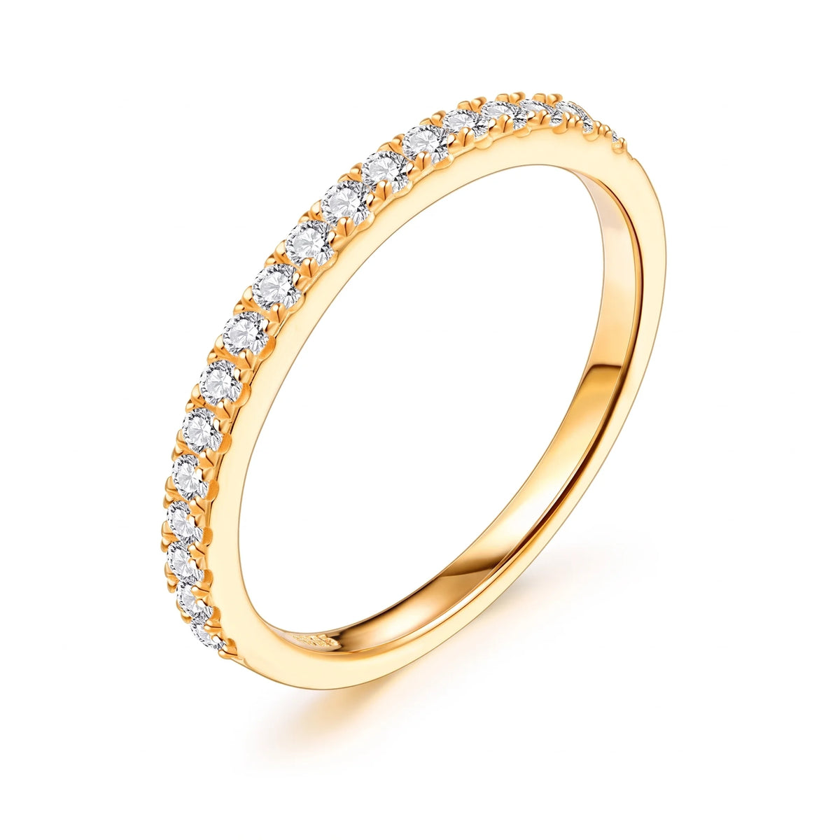 Moissanite half eternity ring in 925 sterling silver with a yellow gold finish on a white background - Sensitive Stones