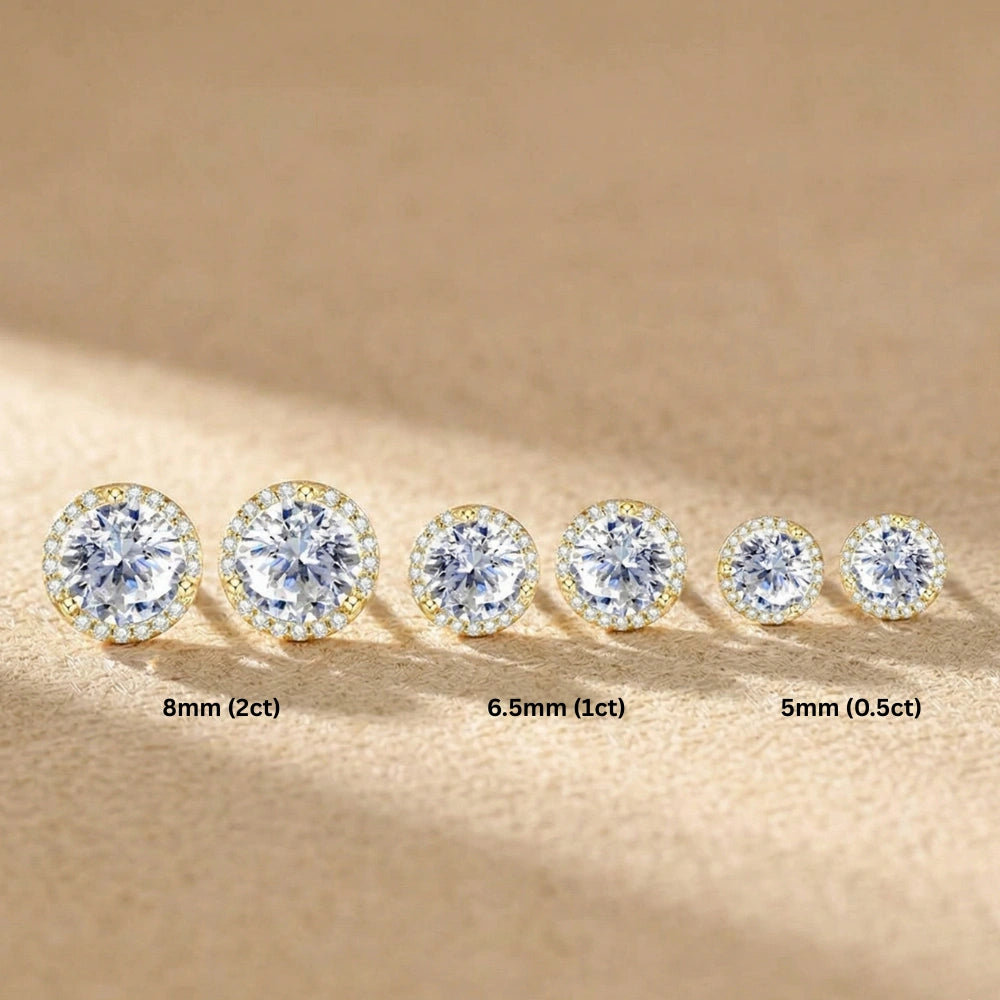 Moissanite halo stud earrings size comparison in yellow gold showing 5mm 0.5ct, 6.5mm 1ct, and 8mm 2ct options - Sensitive Stones