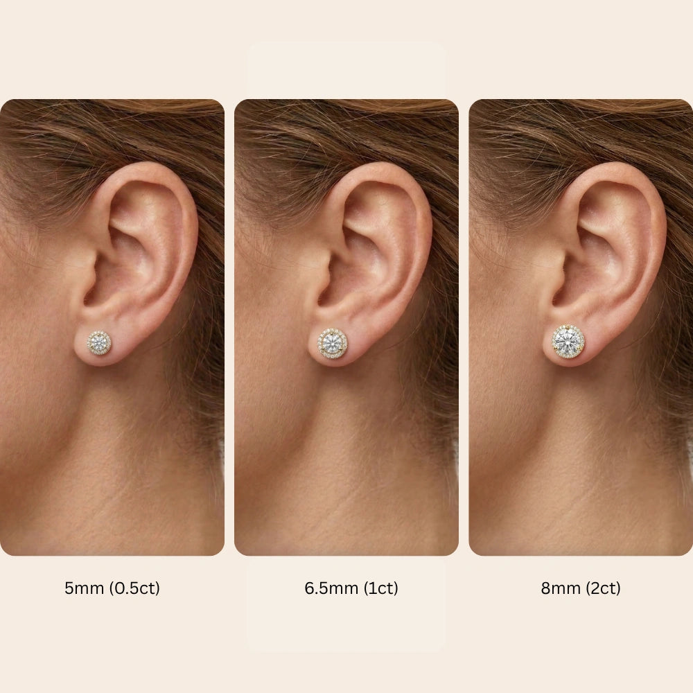 Moissanite halo stud earrings size comparison worn on ear showing 5mm 0.5ct, 6.5mm 1ct, and 8mm 2ct center stone sizes in yellow gold - Sensitive Stones