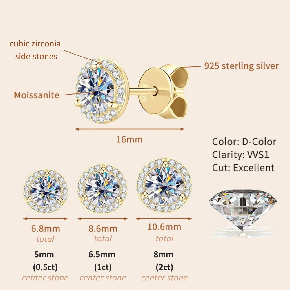 Moissanite halo stud earrings size guide showing 5mm 0.5ct, 6.5mm 1ct, and 8mm 2ct center stone options with total earring diameter measurements, D color VVS1 excellent cut, 925 sterling silver with 14K gold plating - Sensitive Stones